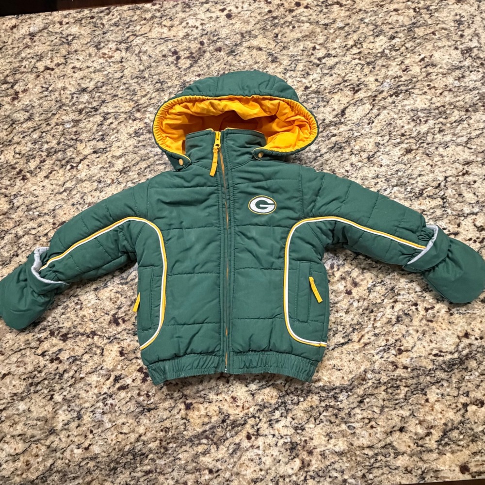 Reebok NFL Green Bay Packers Infant Puffer Jacket Green Yellow 12 Months Mittens